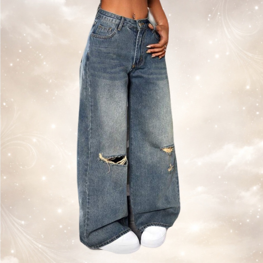Wide-Leg Distressed Blue Jeans